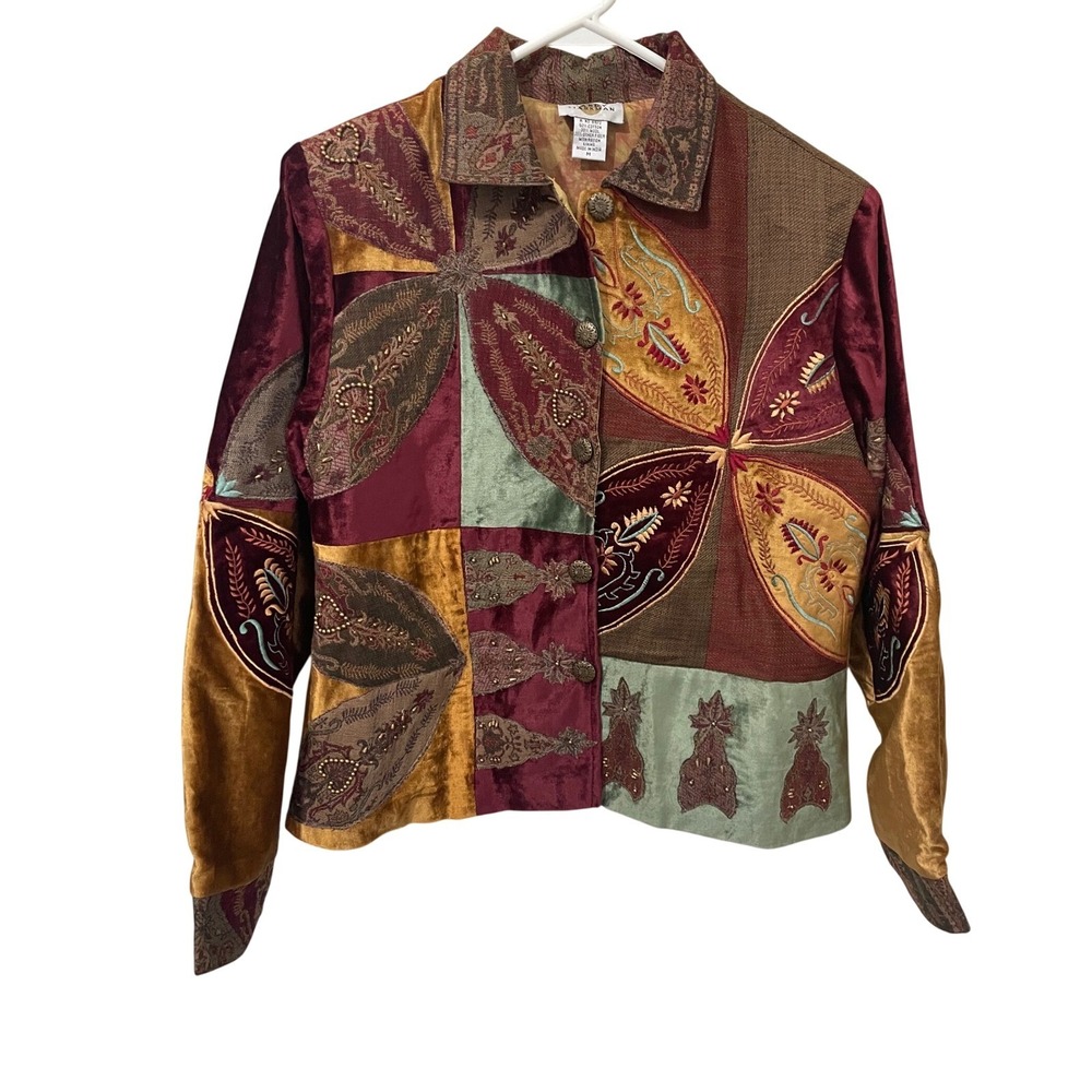Sandy Starkman Vtg 90s Patchwork Velvet Tapestry Jacket Size M Boho Art to Wear